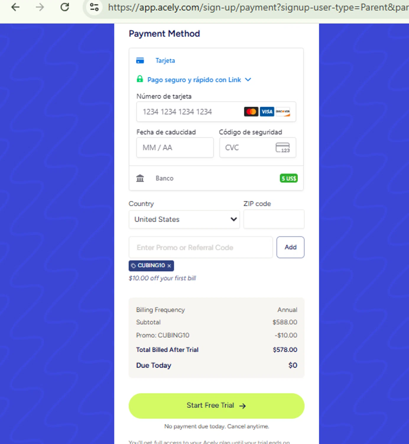 Acely.ai promo code screenshot showing code CUBING10 applied at Acely.ai checkout page. Uploaded by SimplyCodes community member RewardFinder4836 on Feb 16, 2026
