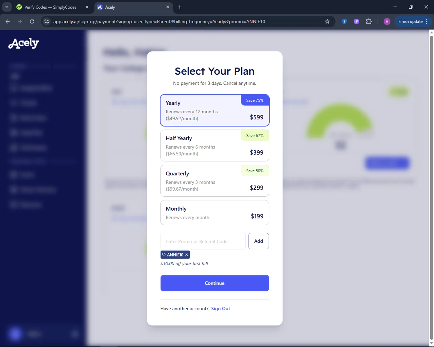 Acely.ai promo code screenshot showing code ANNIE10 applied at Acely.ai checkout page. Uploaded by SimplyCodes community member TokenNavigator6891 on Nov 21, 2025