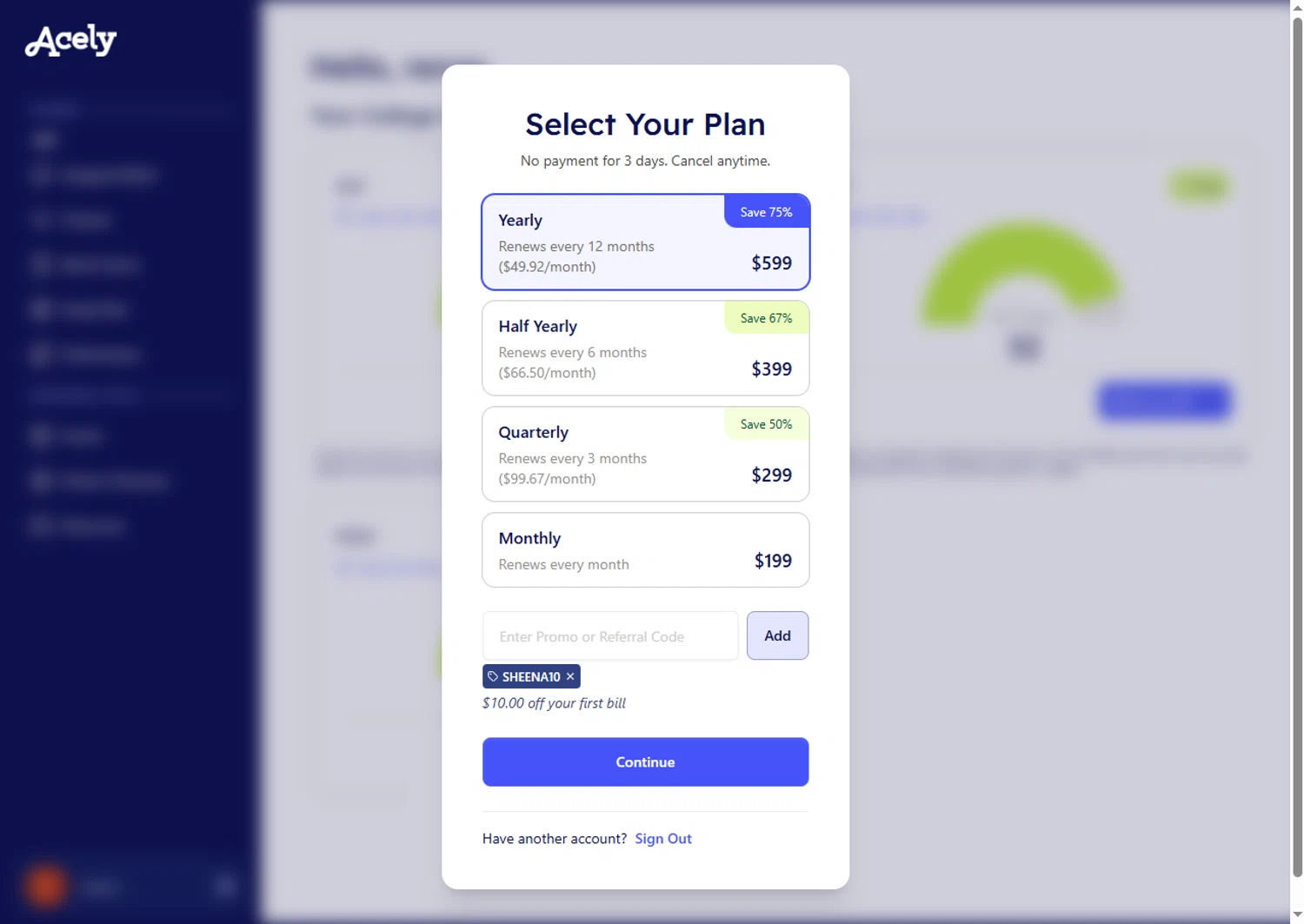 Acely.ai promo code screenshot showing code SHEENA10 applied at Acely.ai checkout page. Uploaded by SimplyCodes community member SwiftTracker8156 on Nov 21, 2025