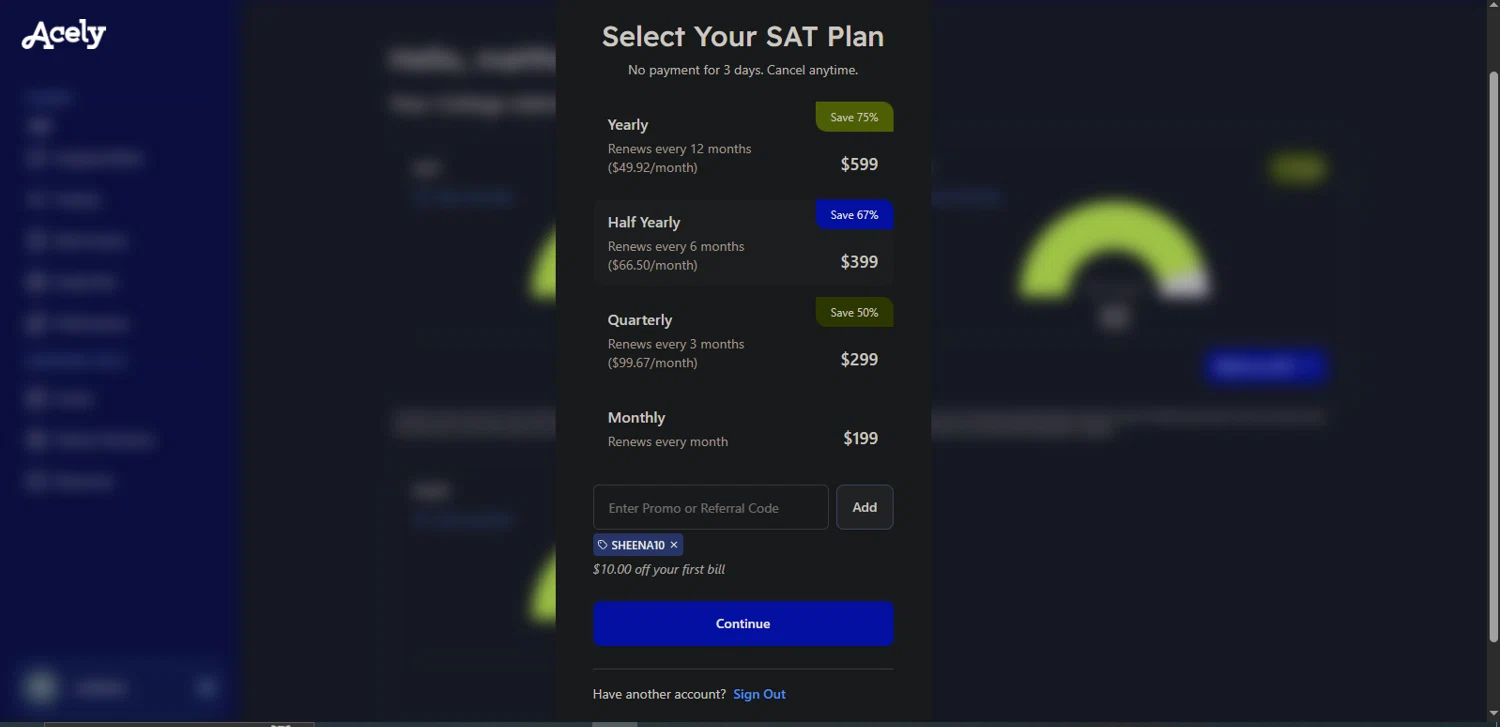 Acely.ai promo code screenshot showing code SHEENA10 applied at Acely.ai checkout page. Uploaded by SimplyCodes community member TreasureMaestro5413 on Oct 23, 2025