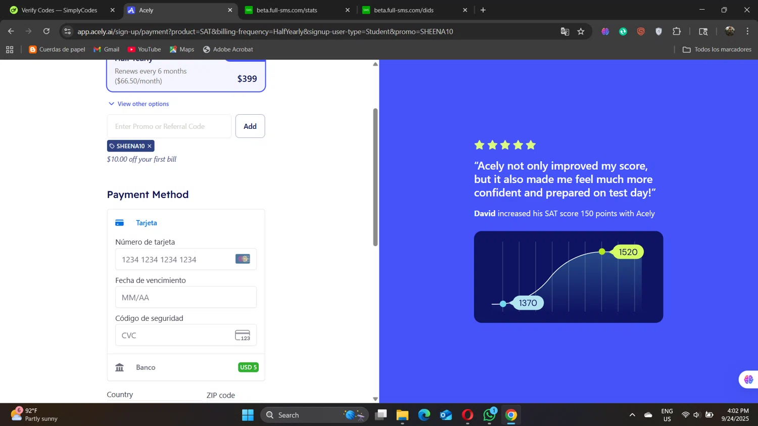 Acely.ai promo code screenshot showing code SHEENA10 applied at Acely.ai checkout page. Uploaded by SimplyCodes community member naimbethak on Sep 24, 2025