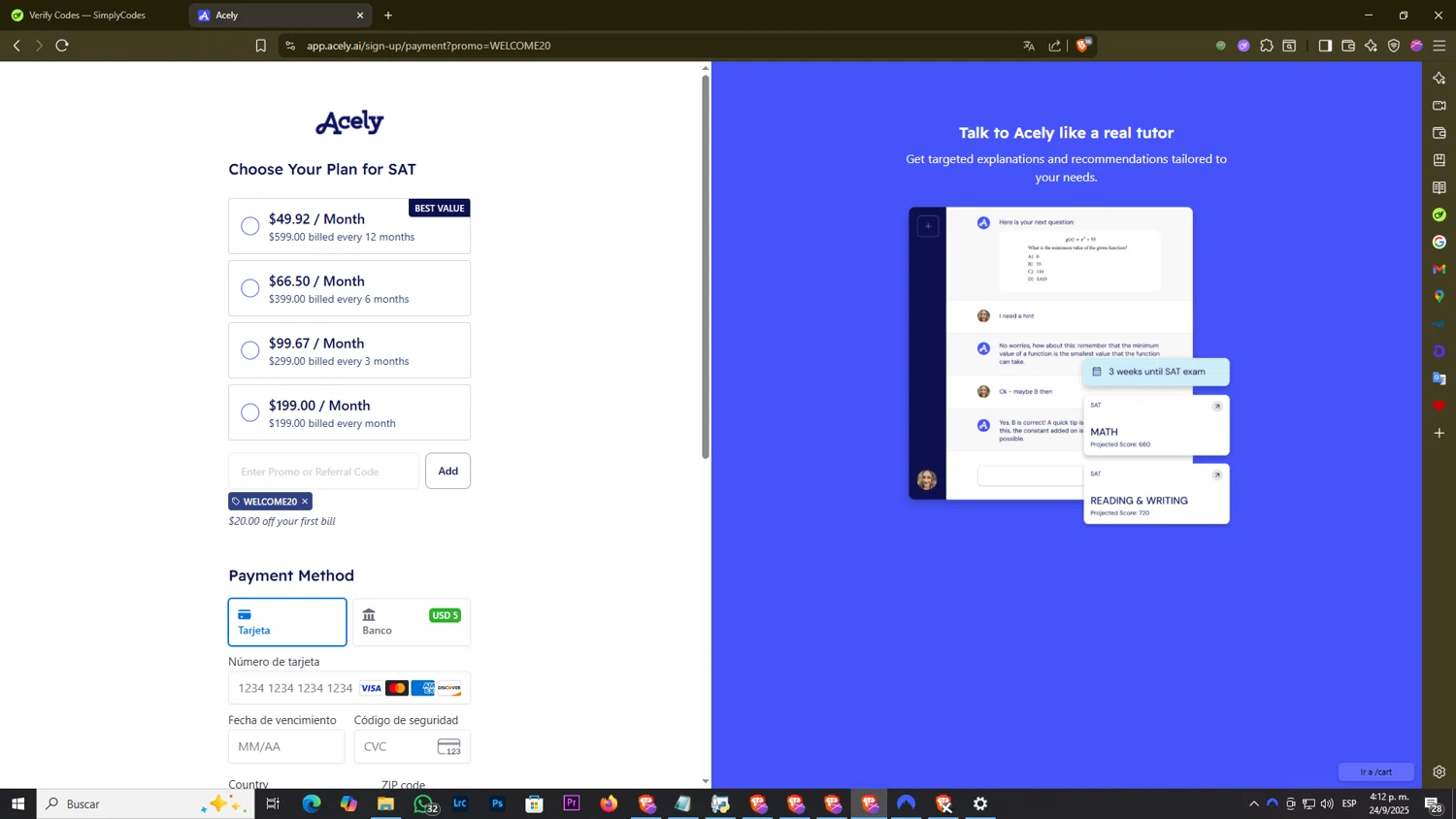 Acely.ai promo code screenshot showing code WELCOME20 applied at Acely.ai checkout page. Uploaded by SimplyCodes community member DiscountExpert556 on Sep 24, 2025