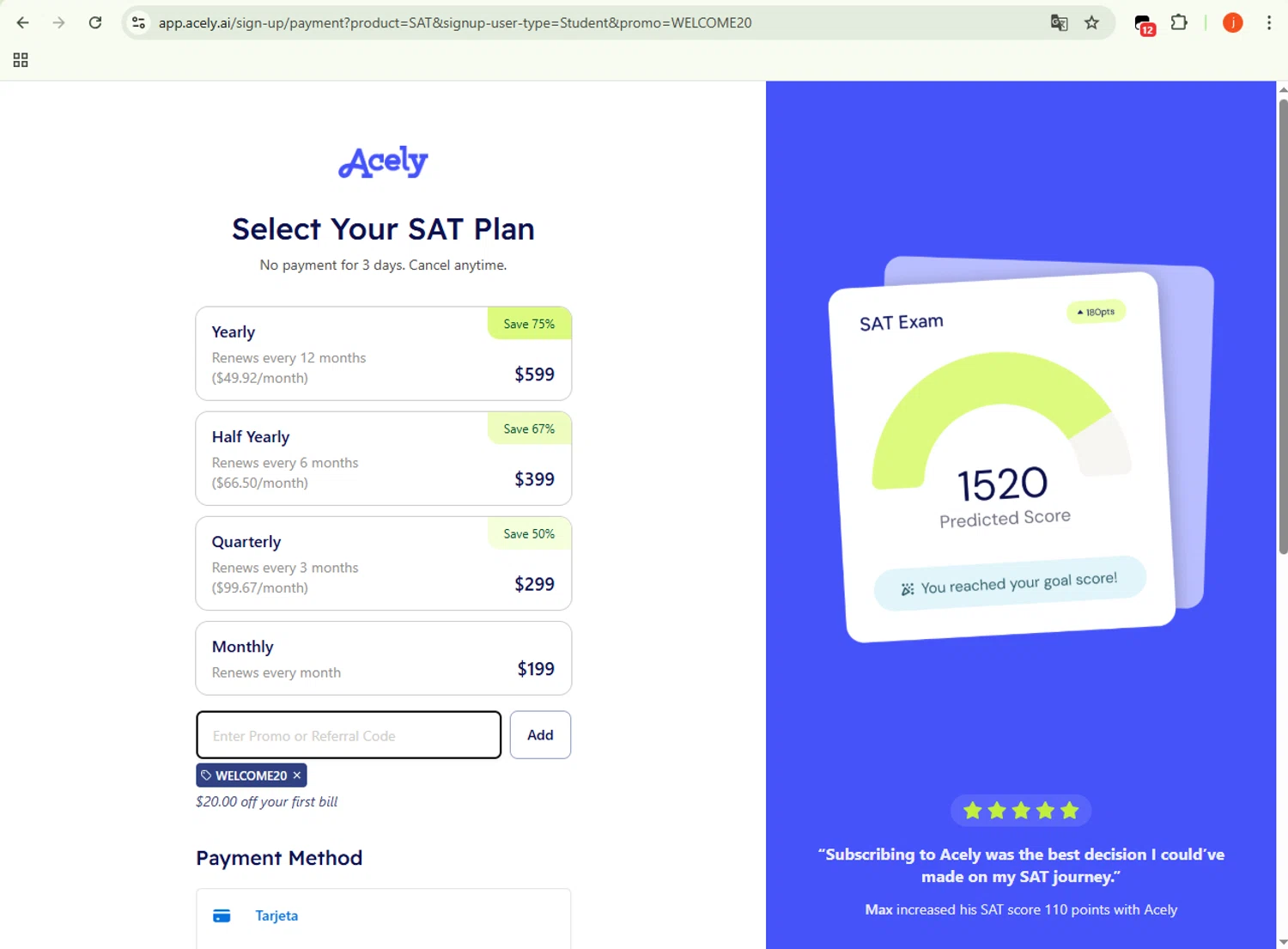 Acely.ai promo code screenshot showing code WELCOME20 applied at Acely.ai checkout page. Uploaded by SimplyCodes community member WonderSpotter5339 on Nov 3, 2025