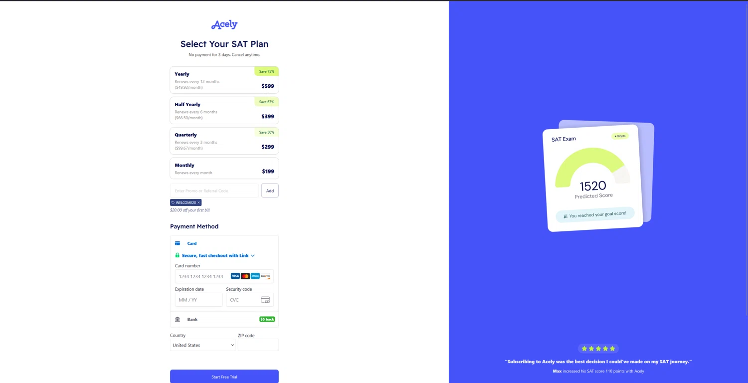 Acely.ai promo code screenshot showing code WELCOME20 applied at Acely.ai checkout page. Uploaded by SimplyCodes community member bluemoony on Oct 23, 2025