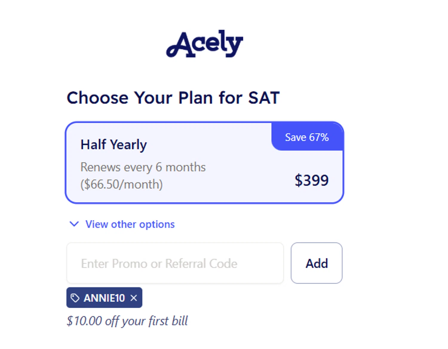 Acely.ai promo code screenshot showing code ANNIE10 applied at Acely.ai checkout page. Uploaded by SimplyCodes community member steve_jeff on Sep 24, 2025