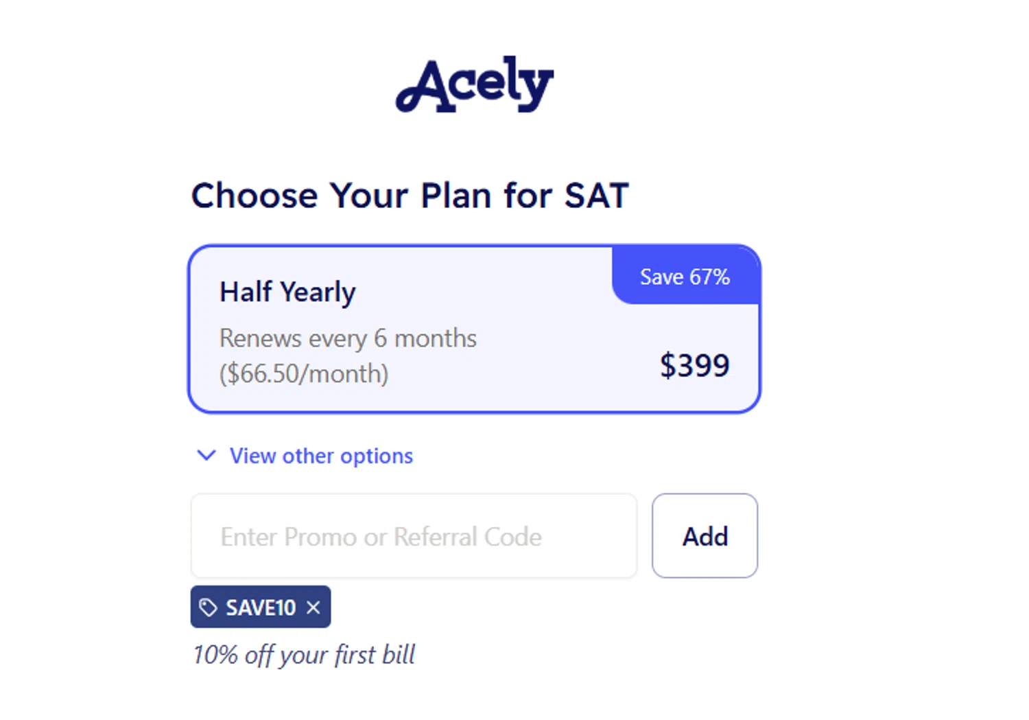 Acely.ai promo code screenshot showing code SAVE10 applied at Acely.ai checkout page. Uploaded by SimplyCodes community member steve_jeff on Sep 24, 2025