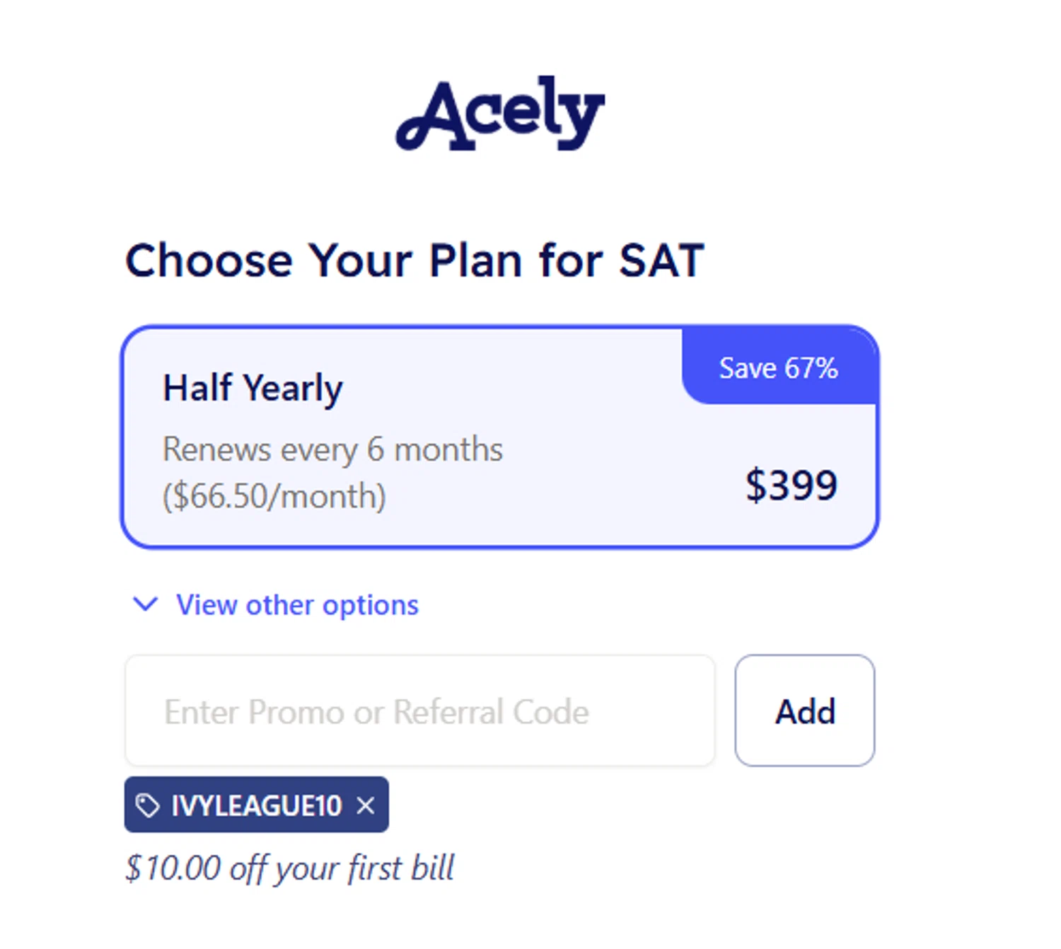 Acely.ai promo code screenshot showing code IVYLEAGUE10 applied at Acely.ai checkout page. Uploaded by SimplyCodes community member steve_jeff on Sep 24, 2025