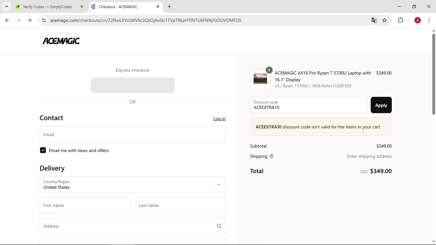 ACEMAGIC coupon code screenshot showing code ACEEXTRA10 applied at ACEMAGIC checkout page. Uploaded by SimplyCodes community member BMWGS1200 on May 26, 2025