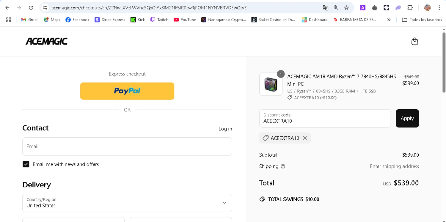 ACEMAGIC coupon code screenshot showing code ACEEXTRA10 applied at ACEMAGIC checkout page. Uploaded by SimplyCodes community member ronaldhernandez on Apr 19, 2025