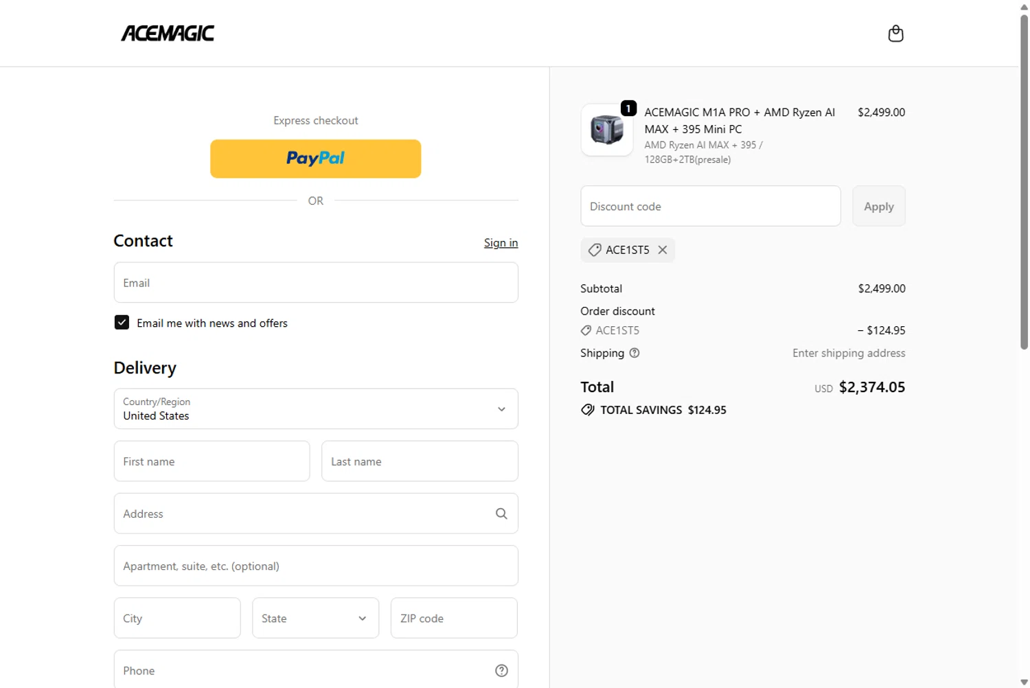 ACEMAGIC coupon code screenshot showing code ACE1ST5 applied at ACEMAGIC checkout page. Uploaded by SimplyCodes community member Rossimar on Jan 2, 2026