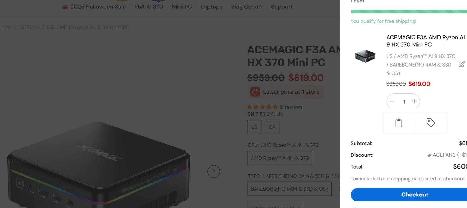 ACEMAGIC coupon code screenshot showing code ACEFAN3 applied at ACEMAGIC checkout page. Uploaded by SimplyCodes community member Olorinnnnn on Nov 2, 2025