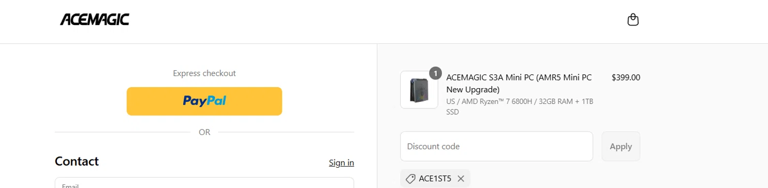 ACEMAGIC coupon code screenshot showing code ACE1ST5 applied at ACEMAGIC checkout page. Uploaded by SimplyCodes community member Aressss on Sep 13, 2025