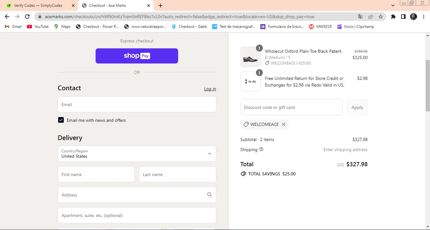 Ace Marks discount code screenshot showing code WelcomeAce applied at Ace Marks checkout page. Uploaded by SimplyCodes community member PrimeAdmiral8733 on Jul 18, 2025