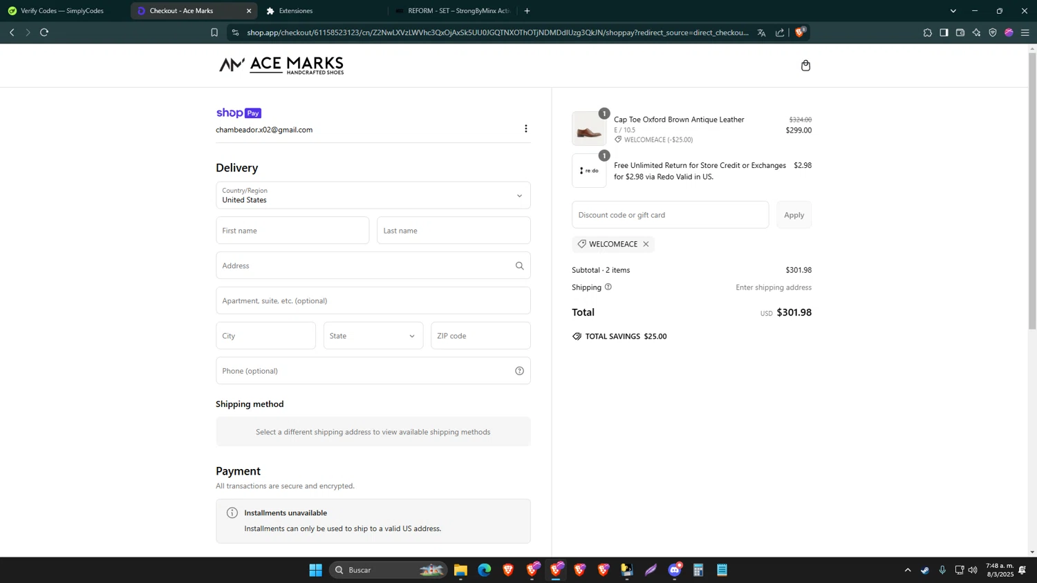 Ace Marks discount code screenshot showing code WelcomeAce applied at Ace Marks checkout page. Uploaded by SimplyCodes community member NobleWizard812 on Mar 8, 2025