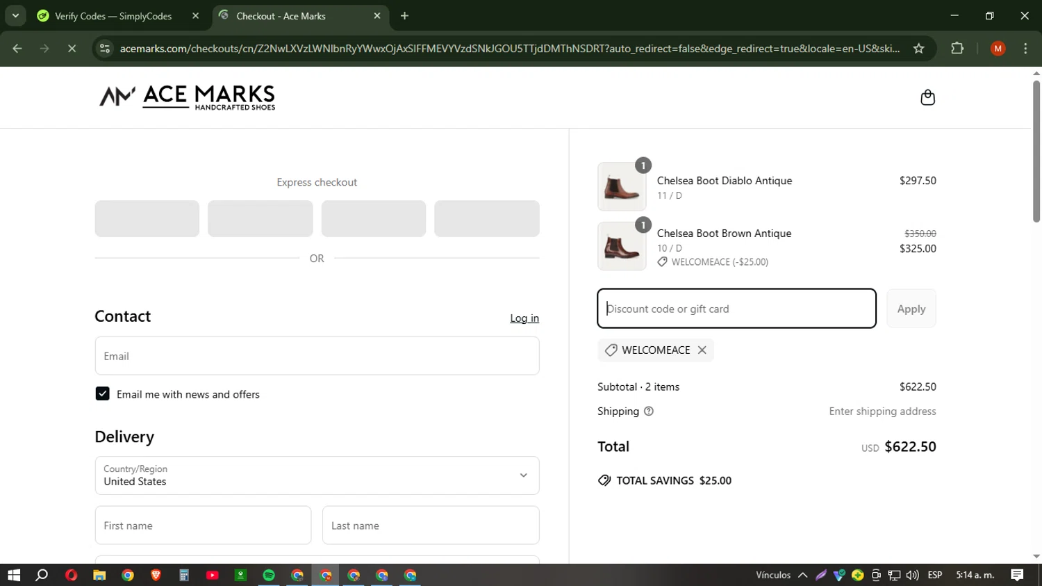 Ace Marks discount code screenshot showing code WelcomeAce applied at Ace Marks checkout page. Uploaded by SimplyCodes community member NobleSentinel6058 on Mar 28, 2025