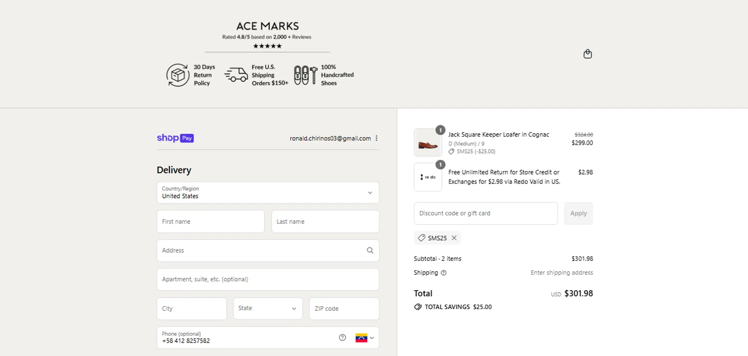 Ace Marks discount code screenshot showing code SMS25 applied at Ace Marks checkout page. Uploaded by SimplyCodes community member CodeExpert7814 on Jul 27, 2025
