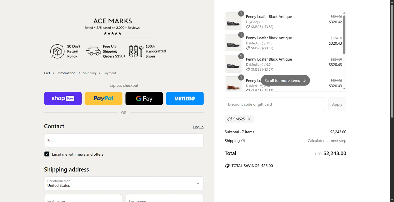 Ace Marks discount code screenshot showing code SMS25 applied at Ace Marks checkout page. Uploaded by SimplyCodes community member SavvyHawk1474 on Jun 20, 2025