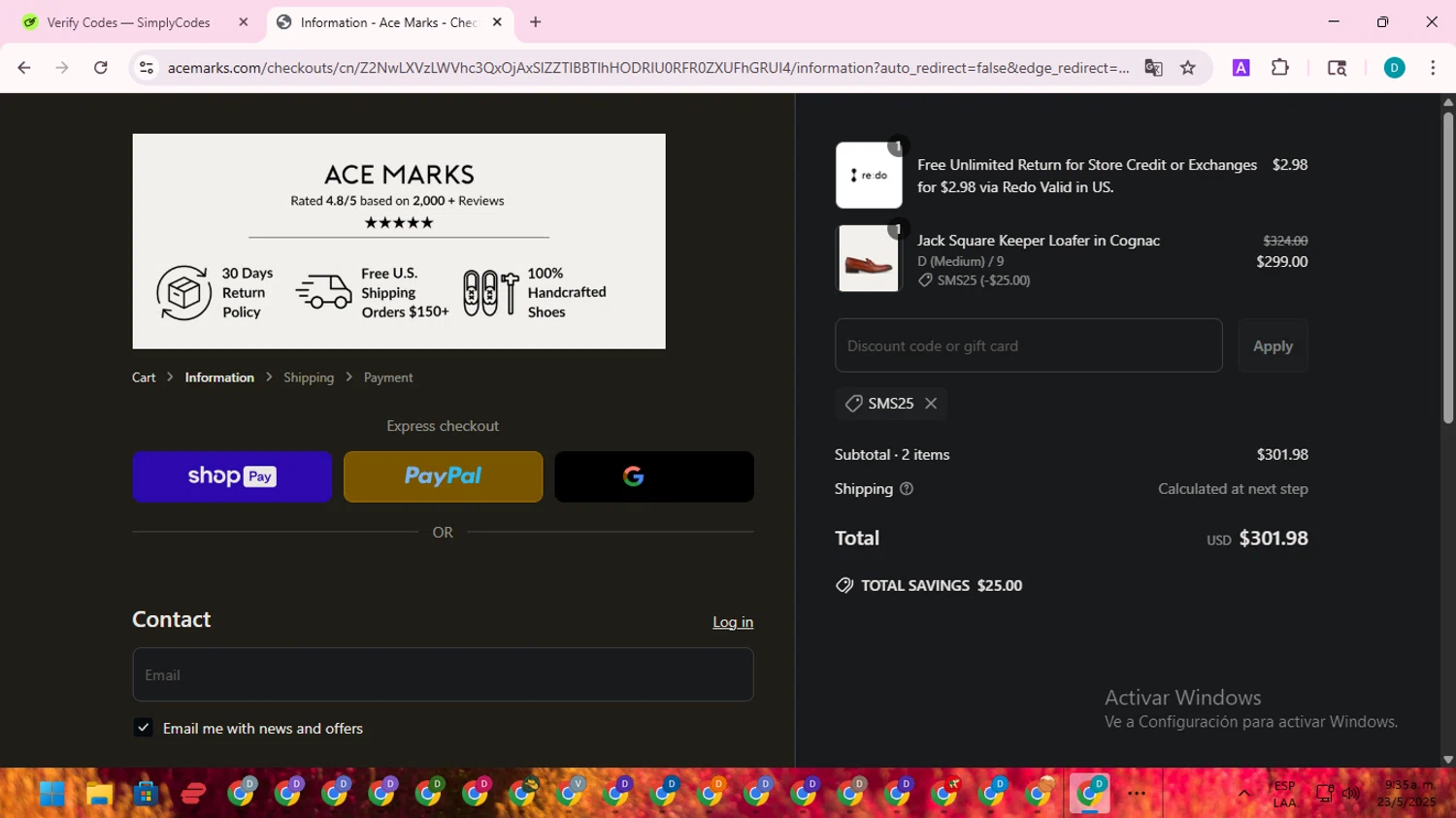 Ace Marks discount code screenshot showing code SMS25 applied at Ace Marks checkout page. Uploaded by SimplyCodes community member ShrewdTracker5871 on May 23, 2025