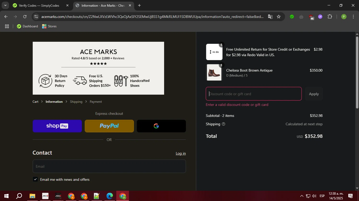 Ace Marks discount code screenshot showing code 2X5JNST21 applied at Ace Marks checkout page. Uploaded by SimplyCodes community member FortunateTiger3302 on May 14, 2025