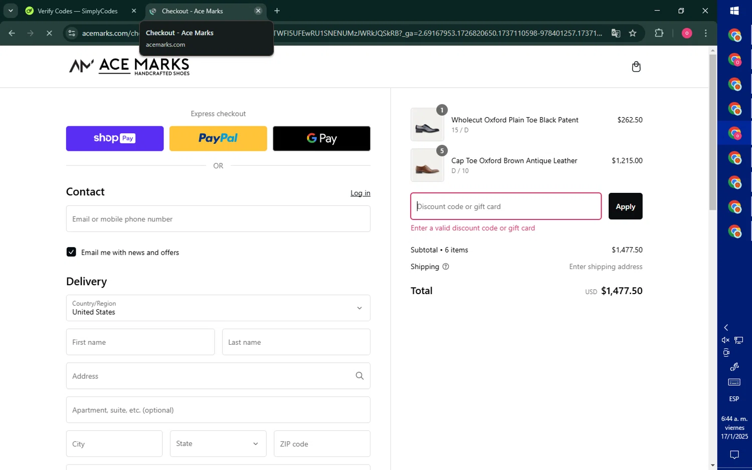 Ace Marks discount code screenshot showing code ACE10MORE applied at Ace Marks checkout page. Uploaded by SimplyCodes community member RebateNavigator926 on Jan 17, 2025