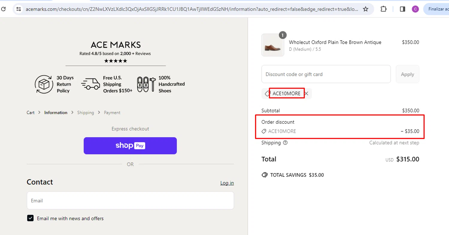 Ace Marks discount code screenshot showing code ACE10MORE applied at Ace Marks checkout page. Uploaded by SimplyCodes community member nileskamarcano on Jun 23, 2025