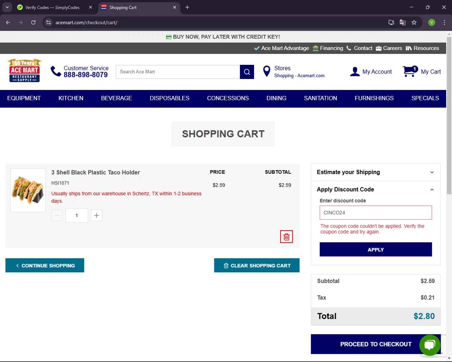 Ace Mart Restaurant Supply promo code screenshot showing code CINCO24 applied at Ace Mart Restaurant Supply checkout page. Uploaded by SimplyCodes community member CleverNavigator1236 on Feb 20, 2025