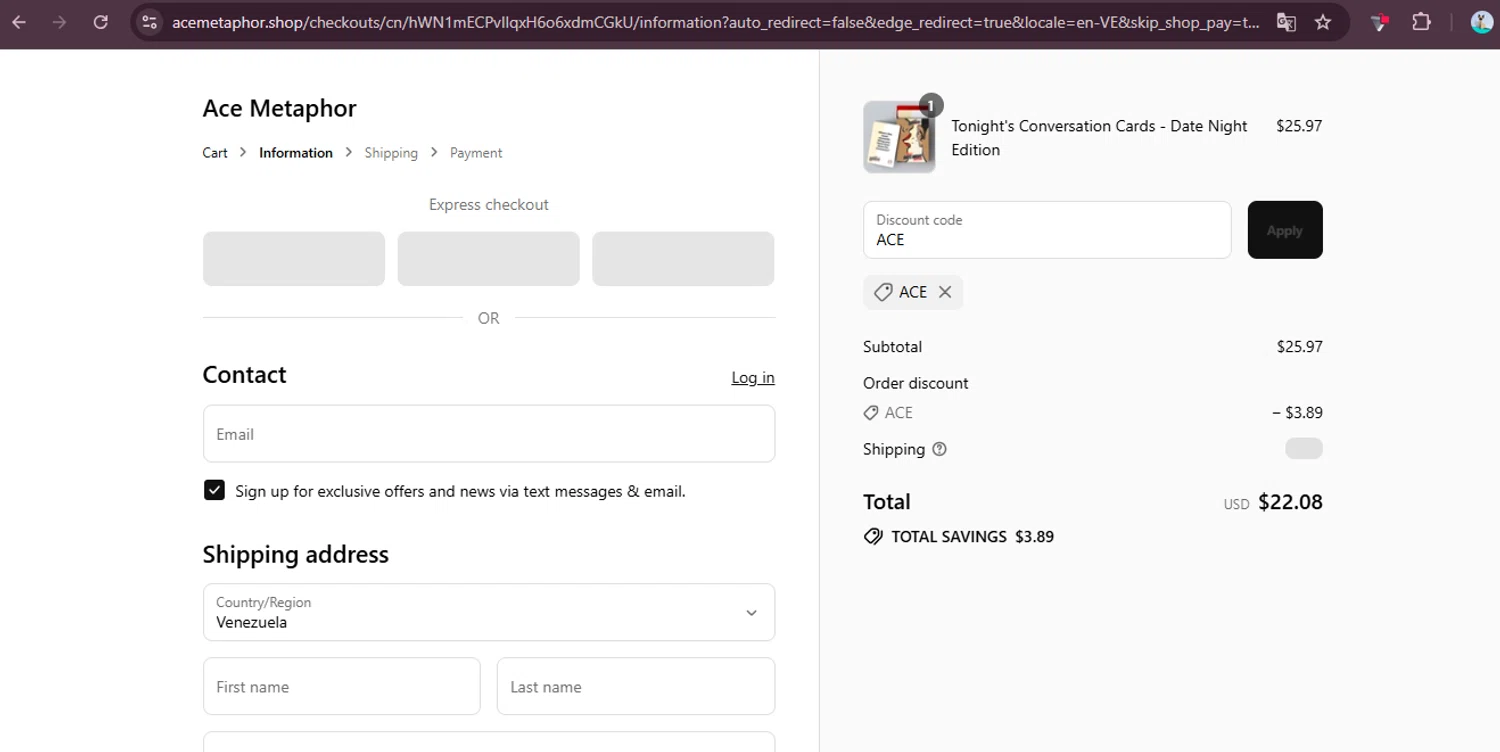 Ace Metaphor promo code screenshot showing code ACE applied at Ace Metaphor checkout page. Uploaded by SimplyCodes community member elgatobravo on Aug 14, 2025