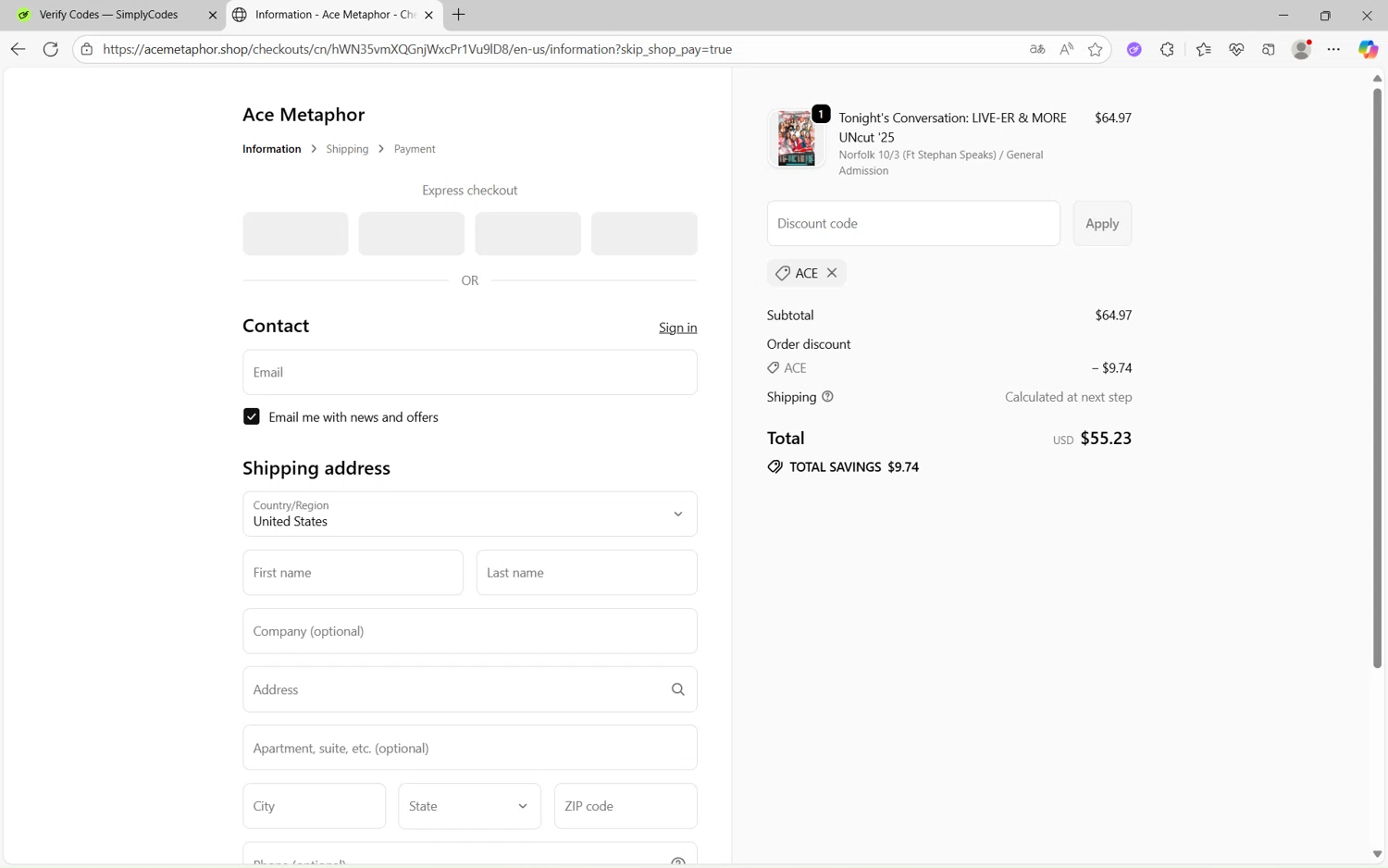Ace Metaphor promo code screenshot showing code ACE applied at Ace Metaphor checkout page. Uploaded by SimplyCodes community member juan1702 on Sep 17, 2025