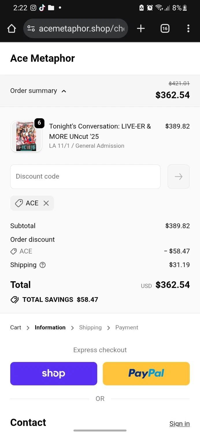 Ace Metaphor promo code screenshot showing code ACE applied at Ace Metaphor checkout page. Uploaded by SimplyCodes community member miguelcrast on Oct 28, 2025