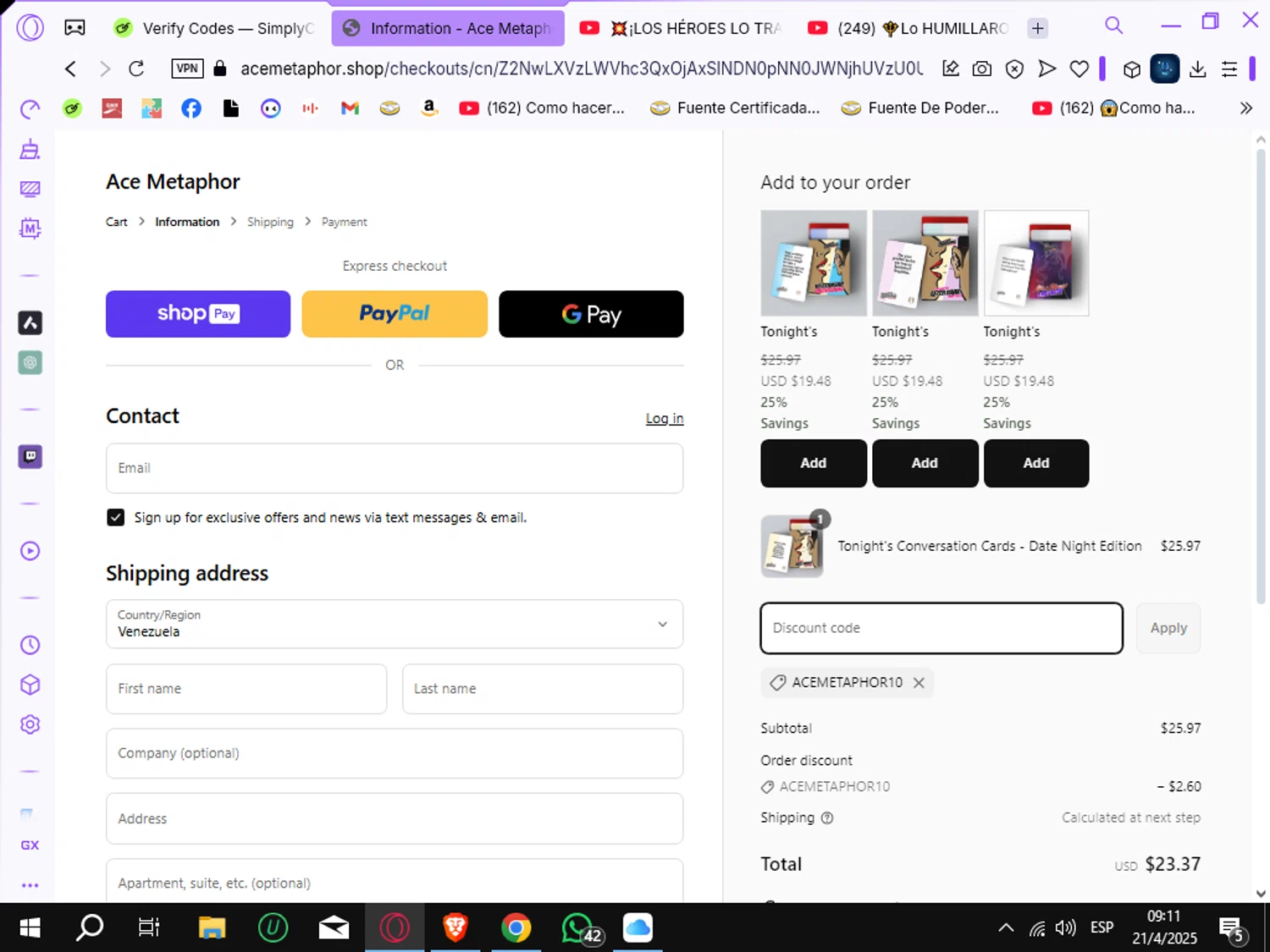 Ace Metaphor promo code screenshot showing code ACEMETAPHOR10 applied at Ace Metaphor checkout page. Uploaded by SimplyCodes community member Crchirino1 on Apr 21, 2025