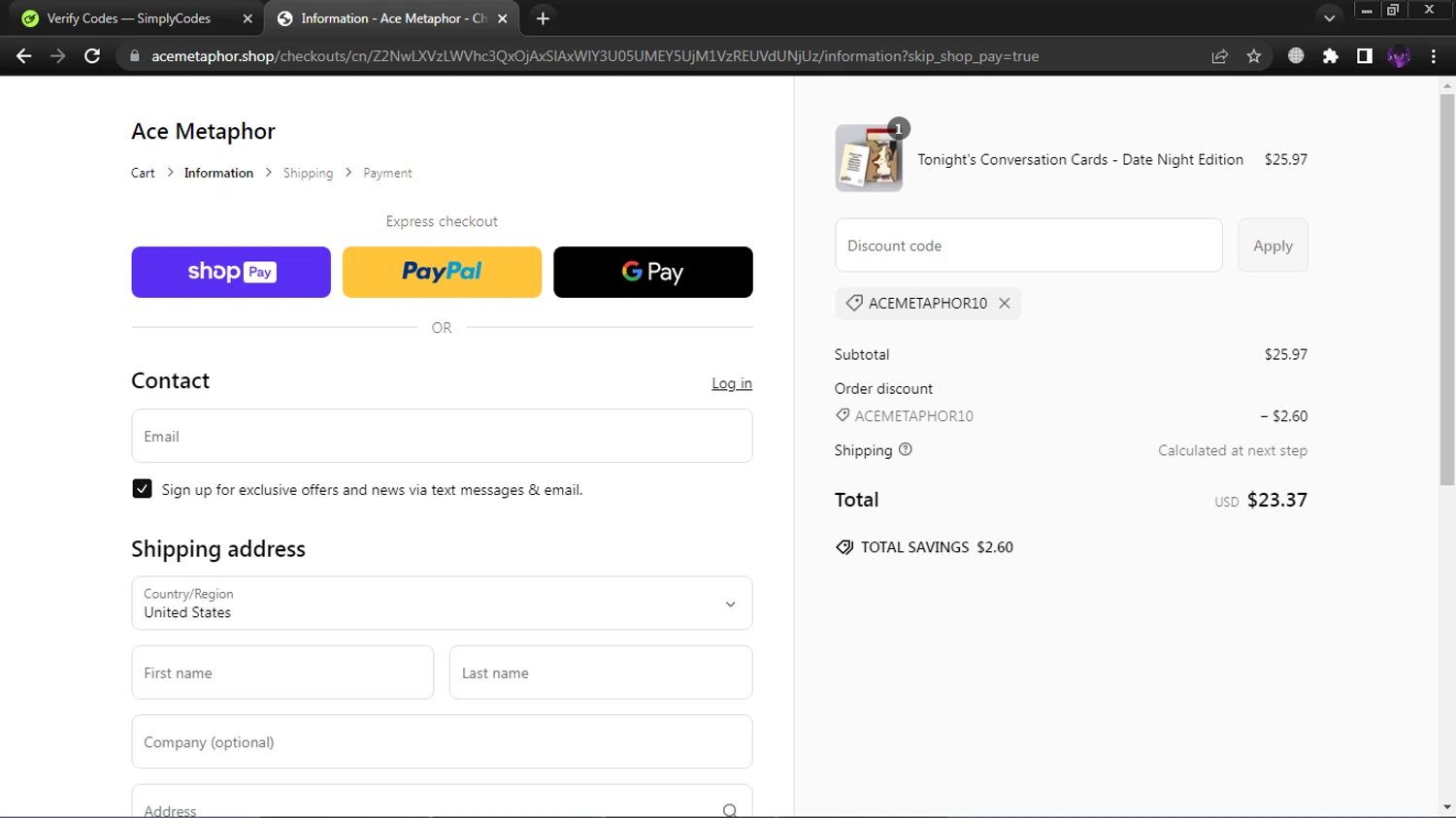 Ace Metaphor promo code screenshot showing code ACEMETAPHOR10 applied at Ace Metaphor checkout page. Uploaded by SimplyCodes community member GloriousGuardian9063 on Mar 11, 2025