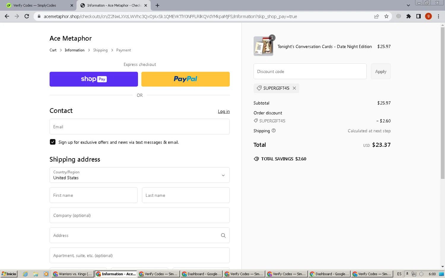 Ace Metaphor promo code screenshot showing code supergift45 applied at Ace Metaphor checkout page. Uploaded by SimplyCodes community member ExtraordinaryVirtuoso6801 on Feb 22, 2025