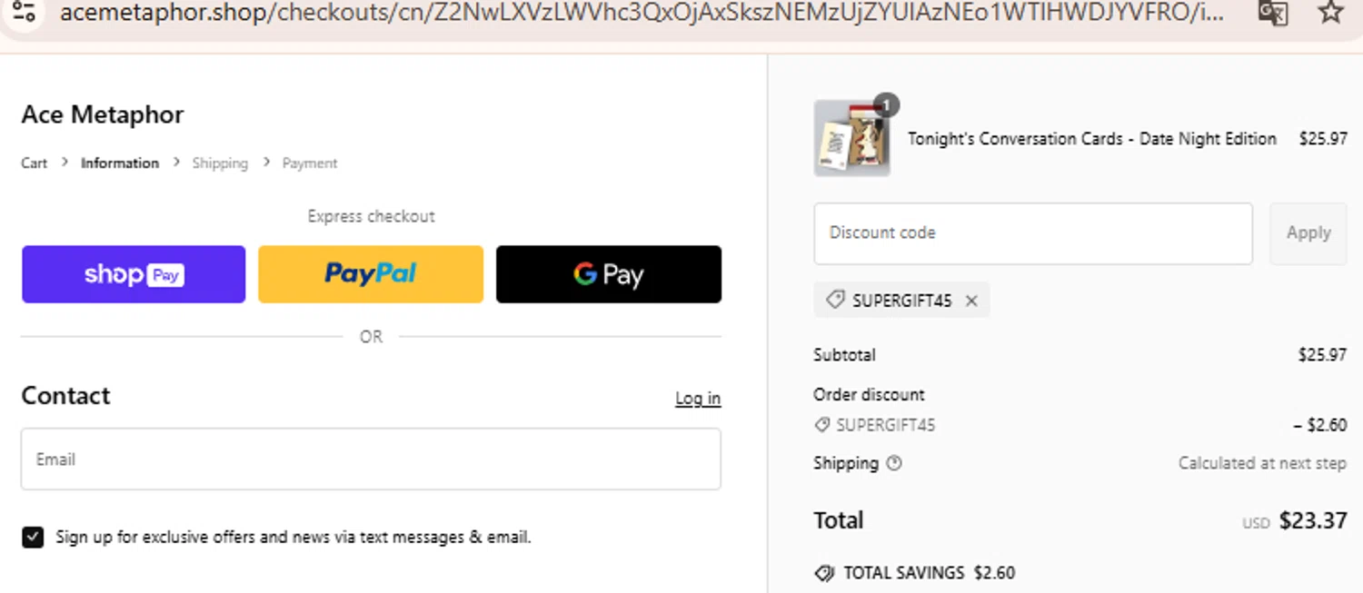 Ace Metaphor promo code screenshot showing code supergift45 applied at Ace Metaphor checkout page. Uploaded by SimplyCodes community member BudgetLion5814 on Feb 2, 2025