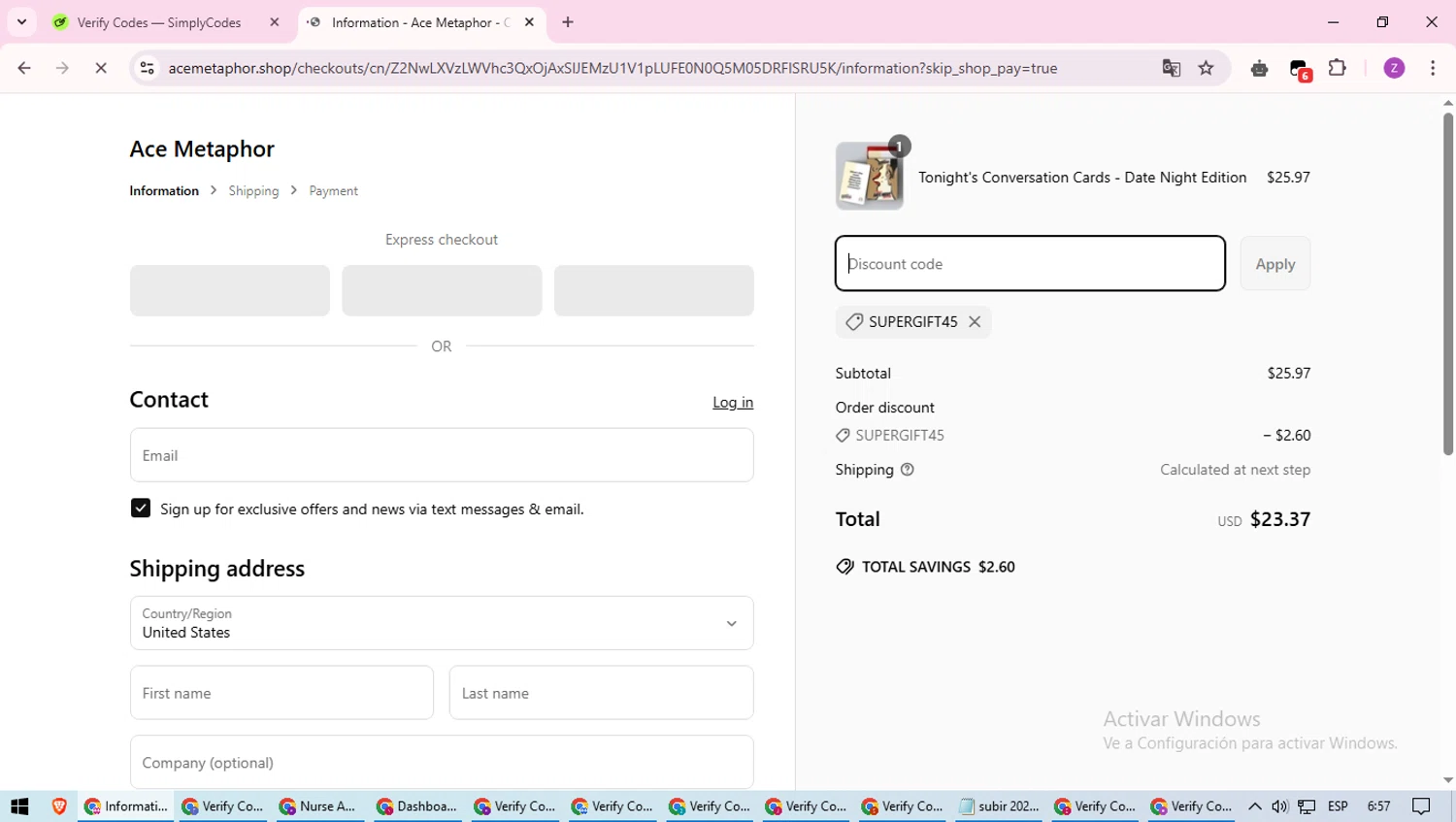 Ace Metaphor promo code screenshot showing code supergift45 applied at Ace Metaphor checkout page. Uploaded by SimplyCodes community member ValiantFinder3275 on Apr 9, 2025