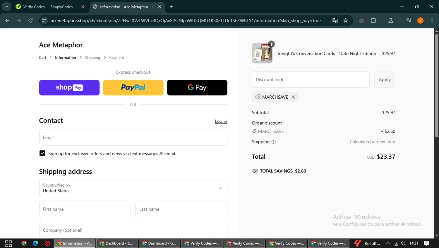Ace Metaphor promo code screenshot showing code marchsave applied at Ace Metaphor checkout page. Uploaded by SimplyCodes community member QuestCaptain8930 on Mar 11, 2025