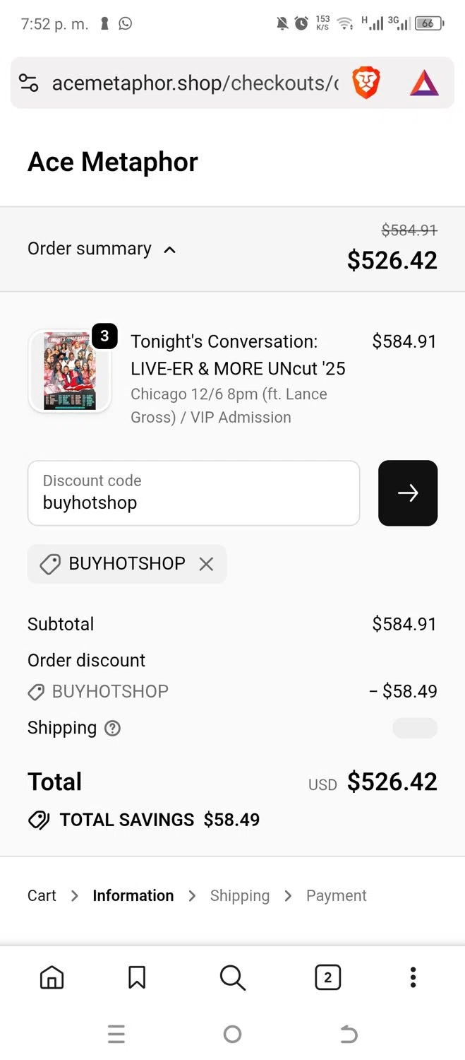 Ace Metaphor promo code screenshot showing code buyhotshop applied at Ace Metaphor checkout page. Uploaded by SimplyCodes community member MightySpotter1348 on Dec 6, 2025