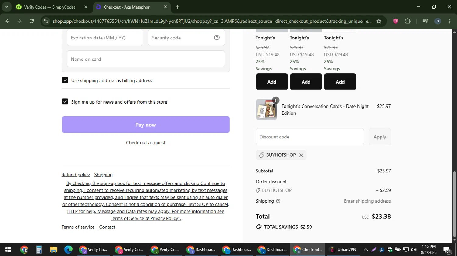 Ace Metaphor promo code screenshot showing code buyhotshop applied at Ace Metaphor checkout page. Uploaded by SimplyCodes community member gabinharris55 on Aug 1, 2025