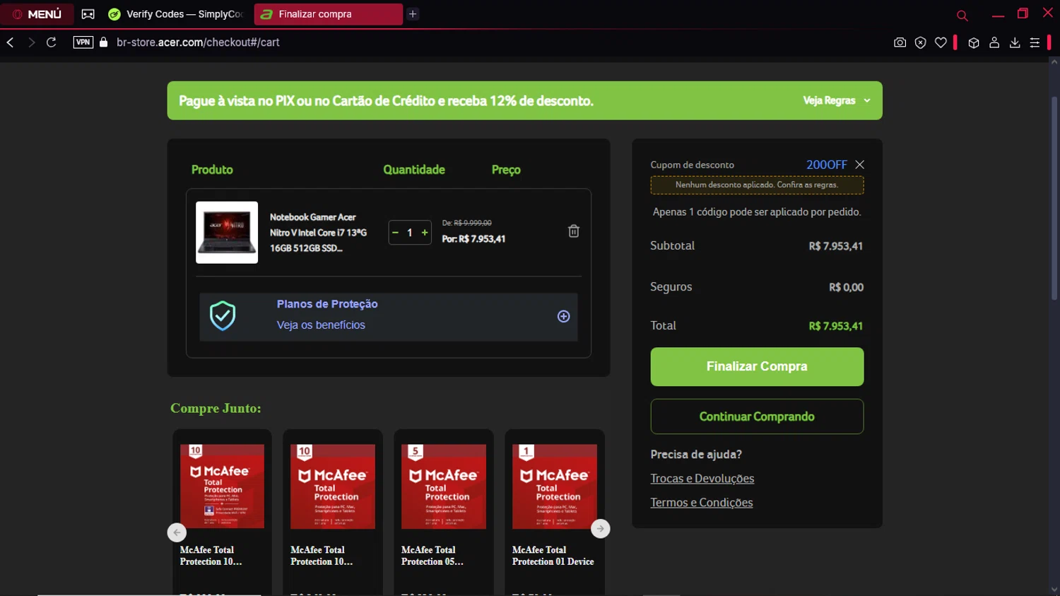 Acer promo code screenshot showing code 200OFF applied at Acer checkout page. Uploaded by SimplyCodes community member Formama on Feb 27, 2025