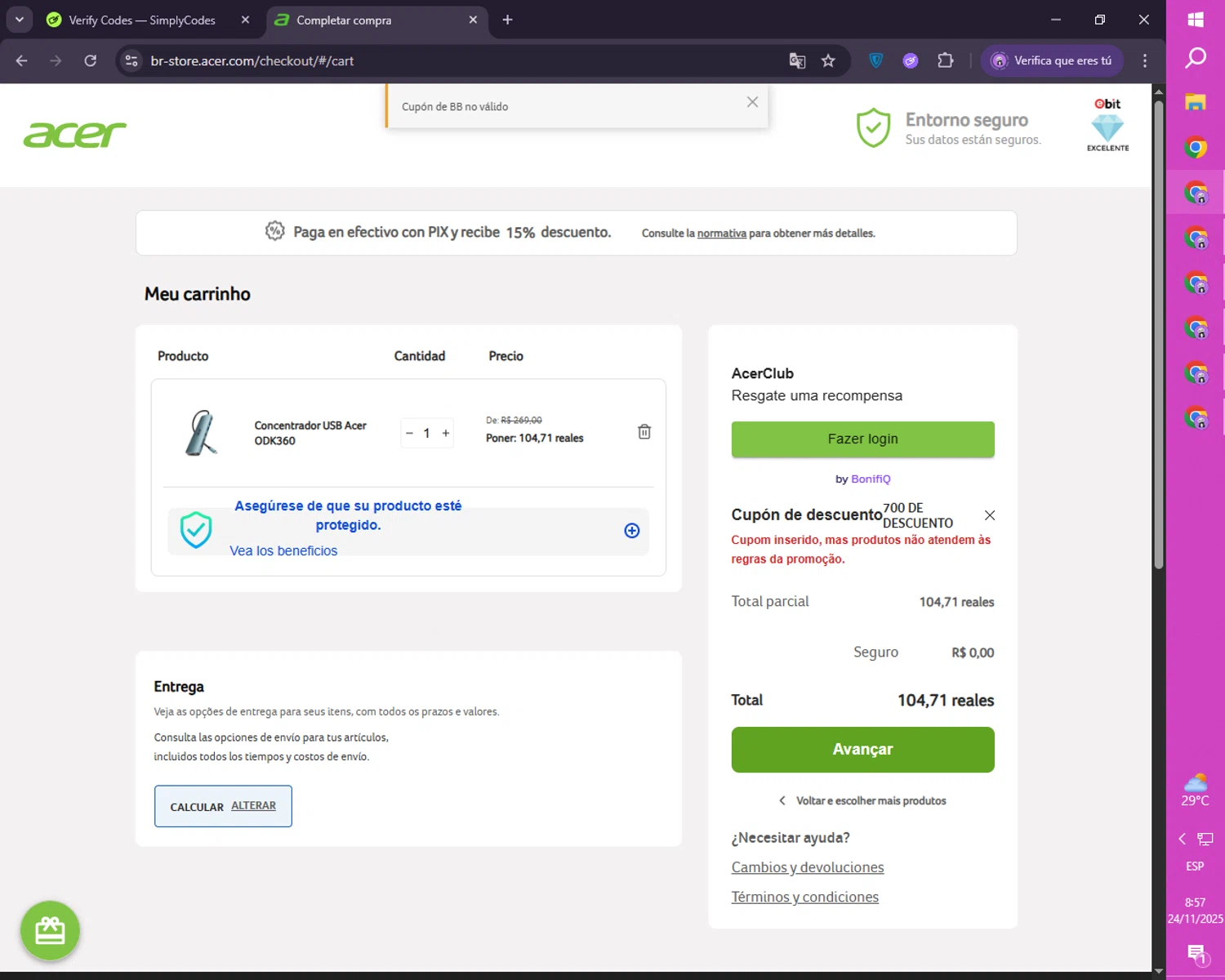 Acer promo code screenshot showing code 700OFF applied at Acer checkout page. Uploaded by SimplyCodes community member CoinRanger7926 on Nov 24, 2025