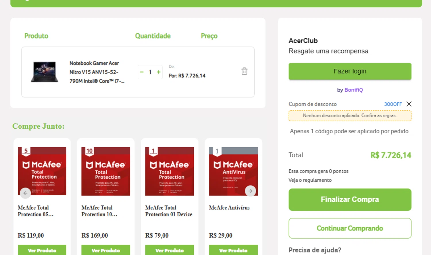 Acer promo code screenshot showing code 300OFF applied at Acer checkout page. Uploaded by SimplyCodes community member RewardCurator5232 on Sep 22, 2025