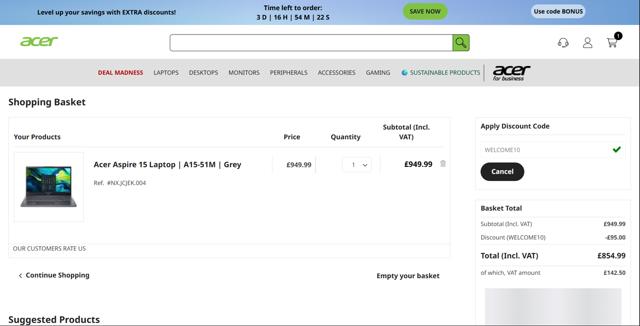 Acer checkout page showing Acer promo code box | Screenshot taken by SimplyCodes community member on Sep 19, 2025