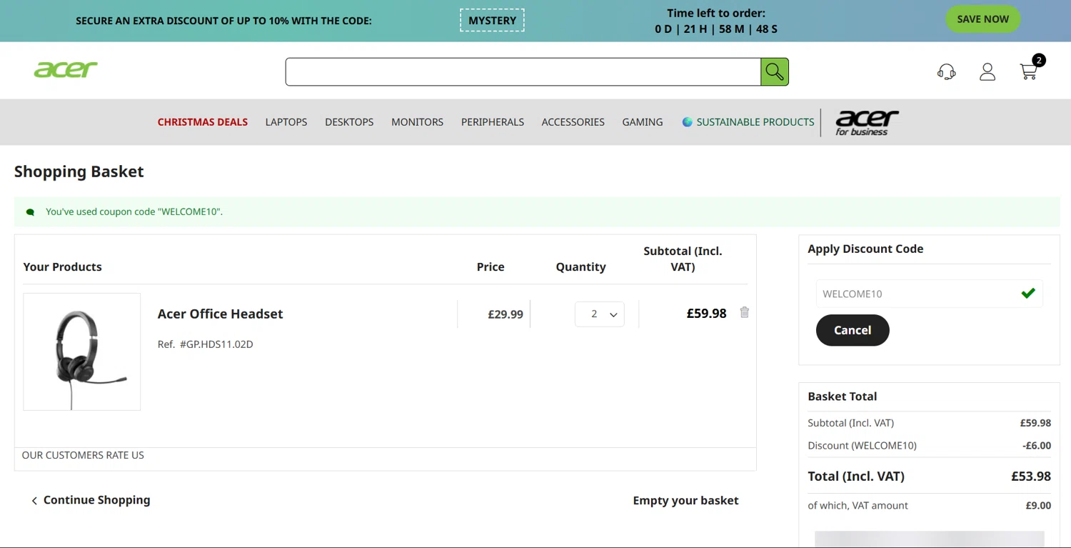 Acer promo code screenshot showing code WELCOME10 applied at Acer checkout page. Uploaded by SimplyCodes community member ArthurMorgan on Dec 8, 2025
