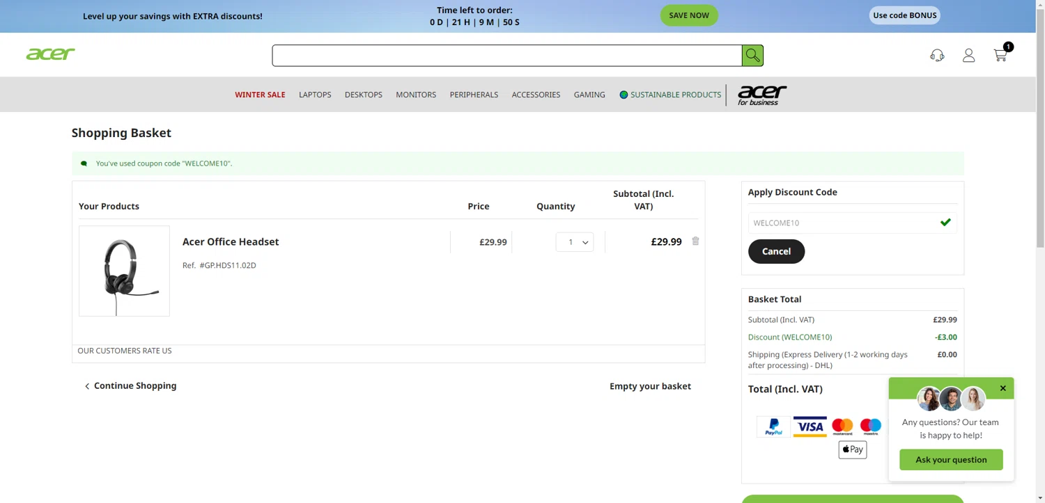 Acer checkout page showing Acer promo code box | Screenshot taken by SimplyCodes community member on Jan 12, 2026