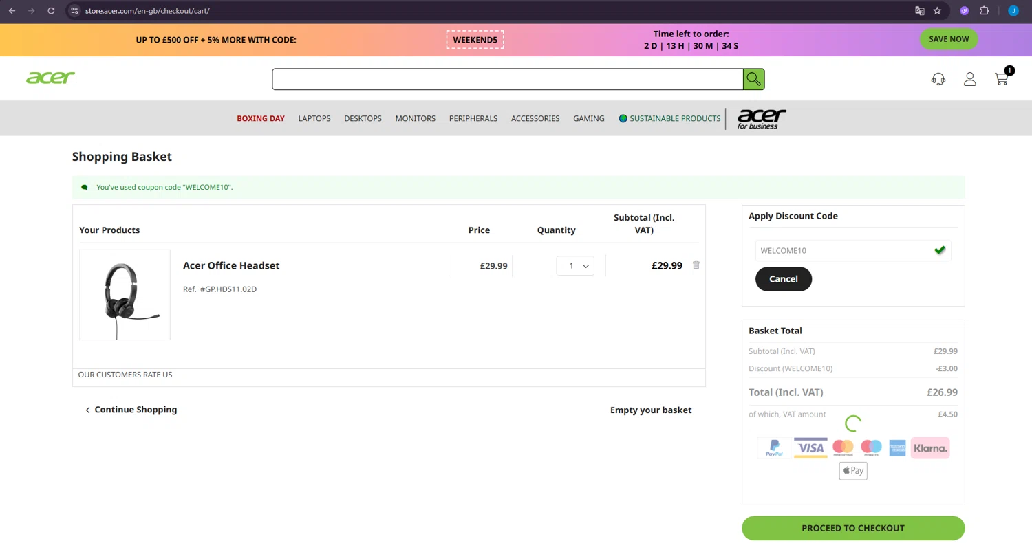 Acer checkout page showing Acer promo code box | Screenshot taken by SimplyCodes community member on Jan 2, 2026