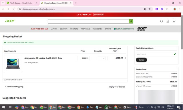 Acer checkout page showing Acer promo code box | Screenshot taken by SimplyCodes community member on Aug 28, 2025