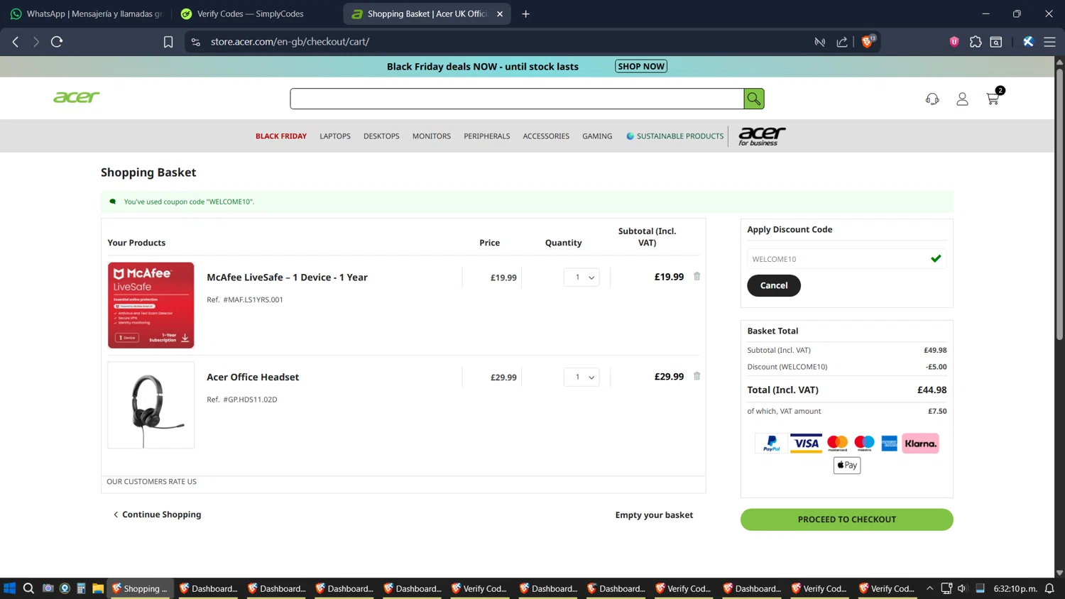 Acer promo code screenshot showing code WELCOME10 applied at Acer checkout page. Uploaded by SimplyCodes community member SimplyGOAT on Nov 8, 2025