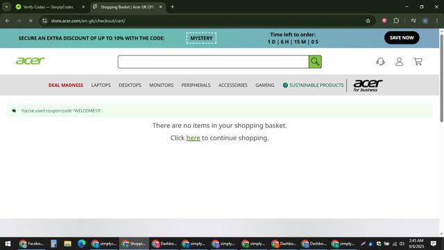 Acer checkout page showing Acer promo code box | Screenshot taken by SimplyCodes community member on Sep 8, 2025