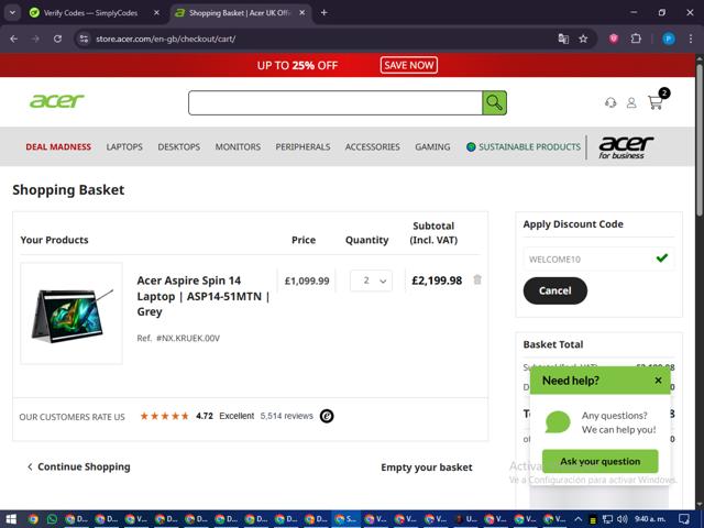 Acer checkout page showing Acer promo code box | Screenshot taken by SimplyCodes community member on Sep 16, 2025