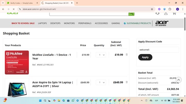 Acer checkout page showing Acer promo code box | Screenshot taken by SimplyCodes community member on Sep 1, 2025