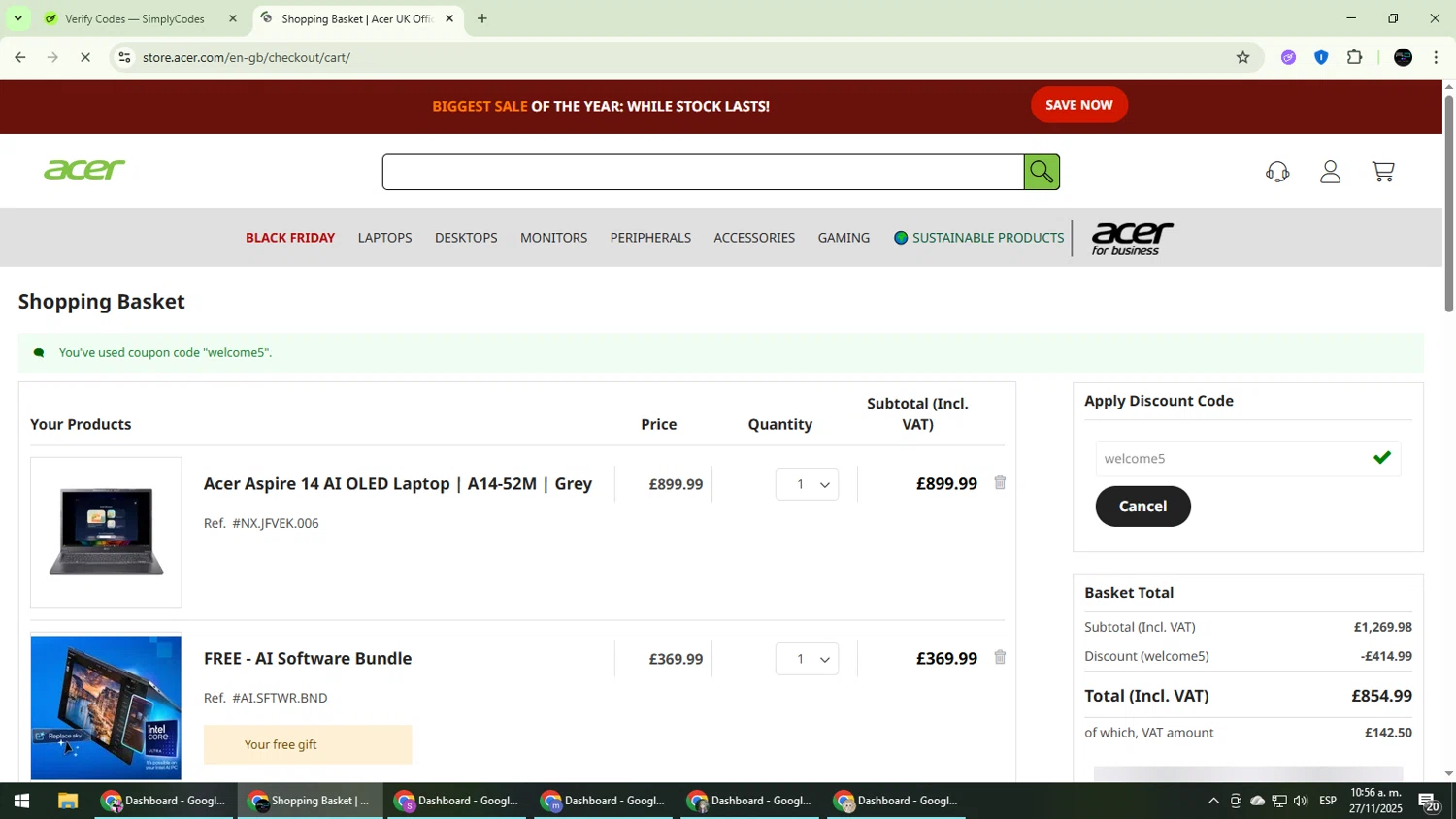 Acer promo code screenshot showing code welcome5 applied at Acer checkout page. Uploaded by SimplyCodes community member CarmenVGR on Nov 27, 2025